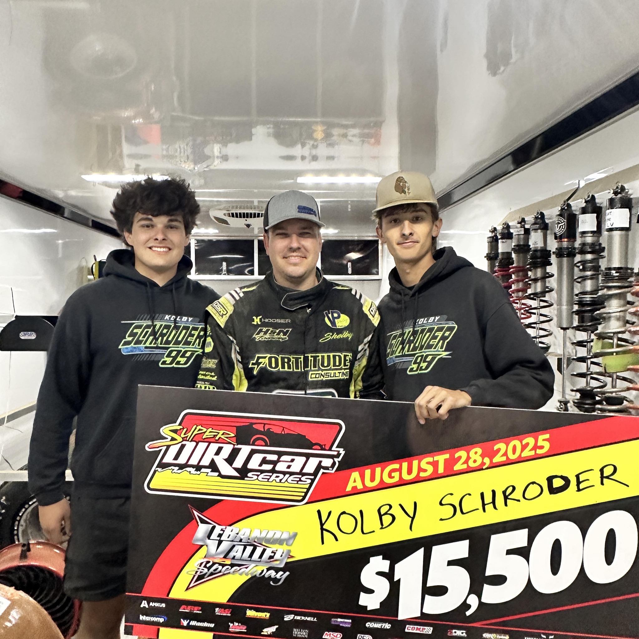 Kolby Schroder $15,500 Super DIRTcar Series win check at Lebanon Valley Speedway, August 28 2025